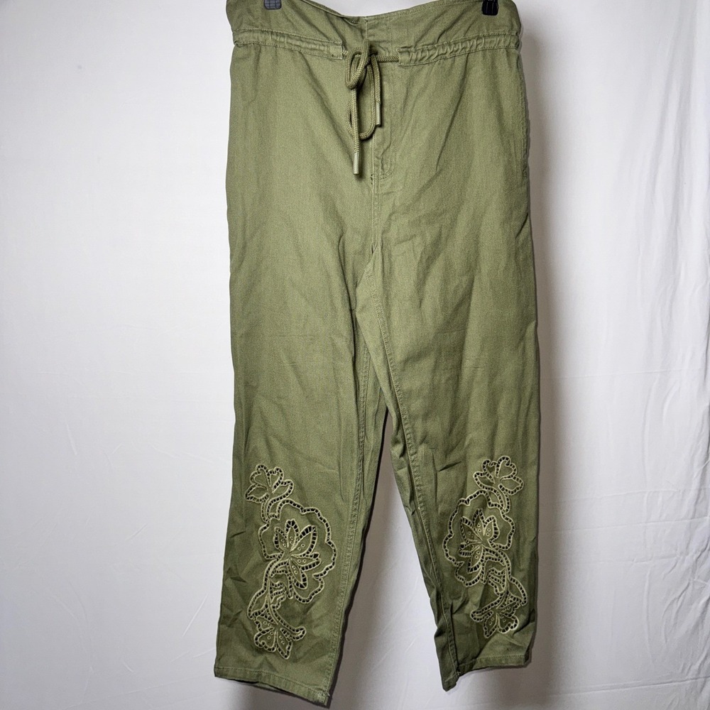Future Collective Jenny K Lopez Olive Green Eyelet Embroidered Pants Size 8‎